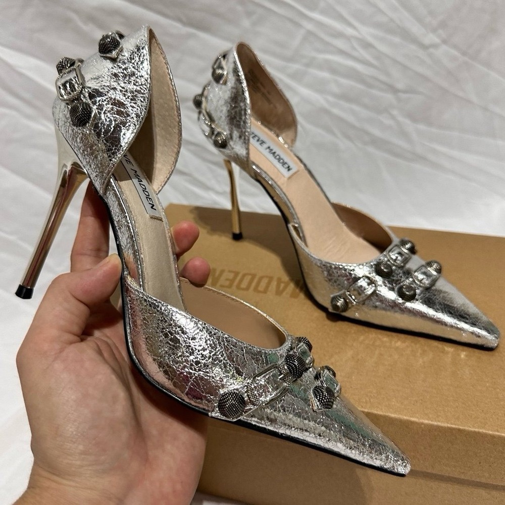 Steve Madden Dali Silver Studded Embellished Stiletto Pointed Toe Heels W6